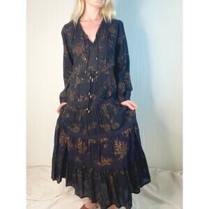 ULLA JOHNSON Varanasi Black Floral Long Sleeve Cotton Maxi Dress NWT US 4